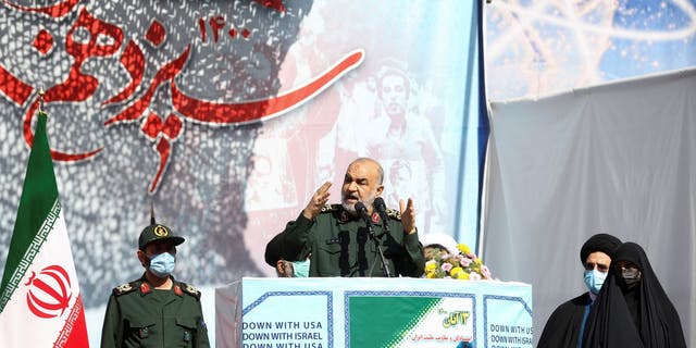 Islamic Revolutionary Guard Corps (IRGC) Commander-in-Chief Major General Hossein Salami speaks during the 42nd anniversary of the U.S. expulsion from Iran, in Tehran, Iran Nov. 4, 2021.