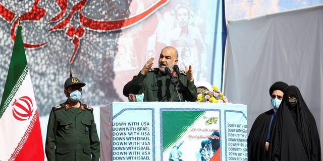 Islamic Revolutionary Guard Corps (IRGC) Commander-in-Chief Major General Hossein Salami speaks during the 42nd anniversary of the U.S. expulsion from Iran, in Tehran, Iran Nov. 4, 2021.