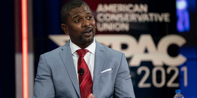Jack Brewer, former safety for the Minnesota Vikings, speaks during a panel discussion at the Conservative Political Action Conference (CPAC) in Orlando, Florida, on Feb. 27, 2021.