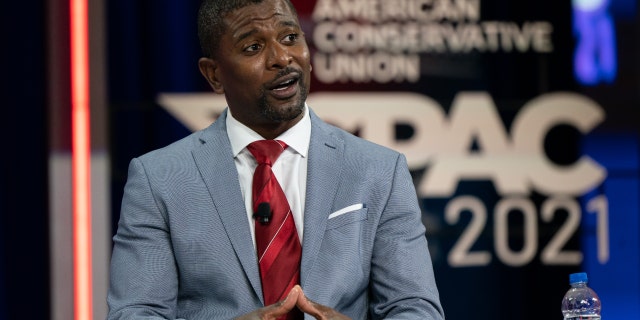 Jack Brewer, former safety for the Minnesota Vikings, speaks during a panel discussion at the Conservative Political Action Conference (CPAC) in Orlando, Florida, on Feb. 27, 2021.
