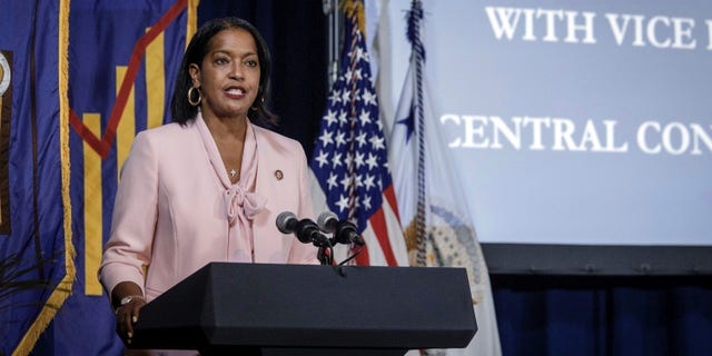 Rep. Jahana Hayes introduces Vice President Kamala Harris and CEO of Planned Parenthood Alexis McGill Johnson, to discuss women's reproductive rights at Central Connecticut State University on Wednesday, Oct. 5, 2022, in New Britain, Connecticut. 