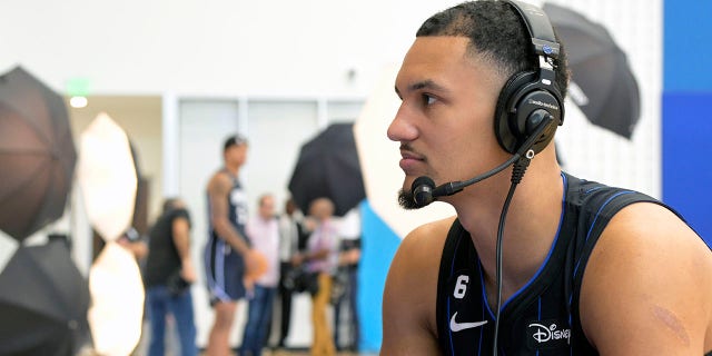 Orlando Magic guard Jalen Suggs sits for an interview during the team's media day on Sept. 26, 2022, in Orlando, Florida.