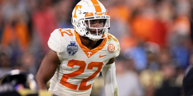 Jaylen McCollough #22 of the Tennessee Volunteers lines up against the Purdue Boilermakers during the second half of the TransPerfect Music City Bowl at Nissan Stadium on December 30, 2021 in Nashville, Tennessee.