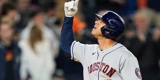 Houston Astros shortstop Jeremy Pena, #3, reacts after hitting a three-run home run against the New York Yankees during the third inning of Game 4 of an American League Championship baseball series, Sunday, Oct. 23, 2022, in New York. 