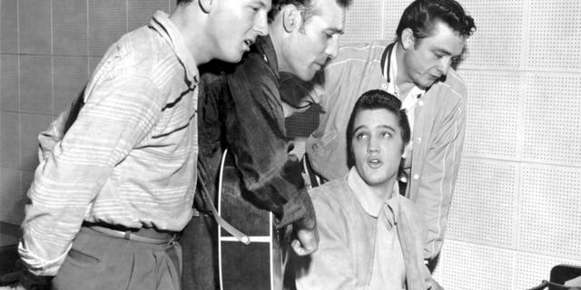 Jerry Lee Lewis, Carl Perkins, Elvis Presley and Johnny Cash as "The Million Dollar Quartet" Dec. 4, 1956, in Memphis, Tennessee. This was a one-night jam session at Sun Studios.