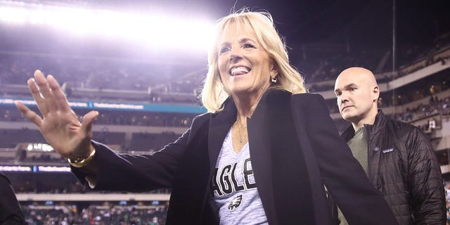 First Lady of the United States of America Jill Biden walks the sideline prior to the game between the Philadelphia Eagles and the Dallas Cowboys at Lincoln Financial Field on October 16, 2022 in Philadelphia, Pennsylvania.
