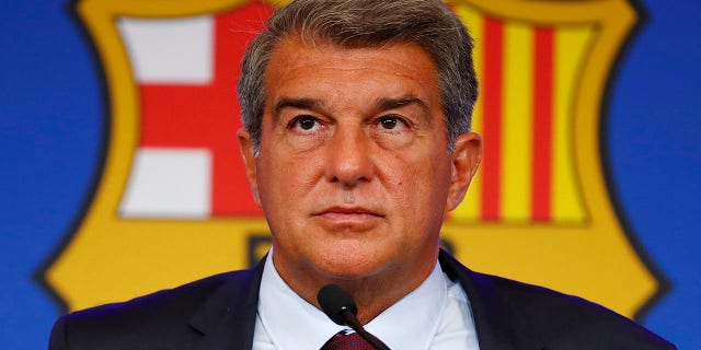 FC Barcelona club president Joan Laporta at a news conference in Barcelona, Spain, on Aug. 6, 2021.