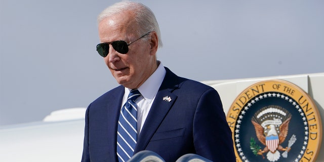 President Biden exits Air Force One as he arrives at Hancock Field Air National Guard Base in Mattydale, New York, Thursday, Oct. 27, 2022.