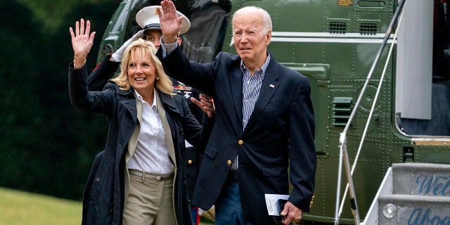 President Biden and first lady Jill Biden wave to a group of Latina women visitors on the lower balcony of the South Portico before boarding Marine One on the South Lawn of the White House Washington, Wednesday, Oct. 5, 2022.