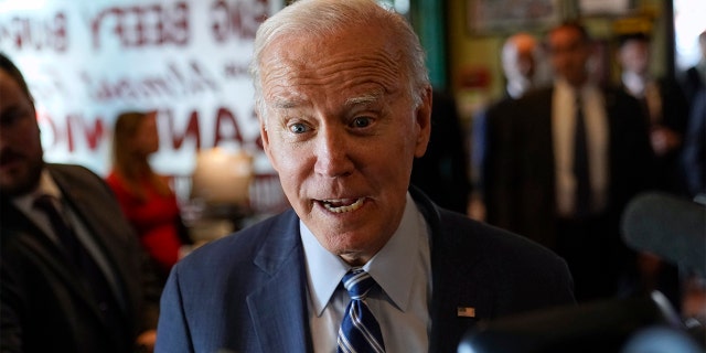 In this file photo, President Biden speaks with members of the media after picking up a meal at Primanti Bros. restaurant on Thursday, Oct. 20, 2022, in Moon Township, Pennsylvania.