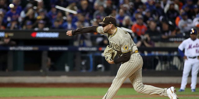 San Diego Padres starting pitcher Joe Musgrove, #44, throws a pitch during the first inning in game three of the Wild Card series for the 2022 MLB Playoffs at Citi Field in New York Oct. 9, 2022.