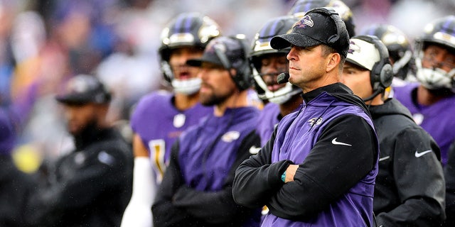 Baltimore Ravens head coach John Harbaugh watches the fourth quarter against the Buffalo Bills on October 2, 2022 in Baltimore, Maryland.