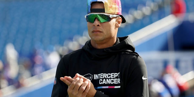 Buffalo Bills safety Jordan Poyer, #21, looks on before a game against the Pittsburgh Steelers at Highmark Stadium on Oct. 9, 2022 in Orchard Park, New York.