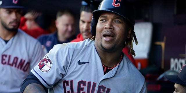 Cleveland Guardians third baseman Jose Ramirez reacts after scoring against the New York Yankees during the tenth inning of Game 2 of their American League Division Series in New York on Friday.
