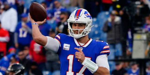 Buffalo Bills quarterback Josh Allen warms up before the Pittsburgh Steelers game at Highmark Stadium in Orchard Park, New York, Oct. 9, 2022.