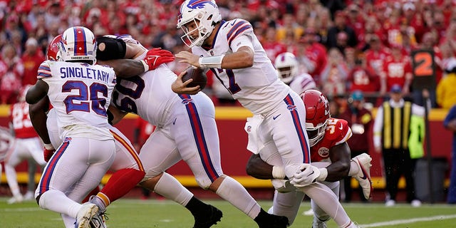 Buffalo Bills quarterback Josh Allen (17) is sacked by Kansas City Chiefs linebacker Nick Bolton during the first half on Oct. 16, 2022, in Kansas City.