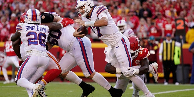 Buffalo Bills quarterback Josh Allen (17) is sacked by Kansas City Chiefs linebacker Nick Bolton (32) during the first half of a game Oct. 16, 2022, in Kansas City, Mo.
