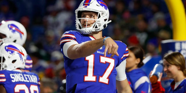 Buffalo Bills quarterback Josh Allen (17) warms up before an NFL football game against the Green Bay Packers Sunday, Oct. 30, 2022, in Orchard Park.