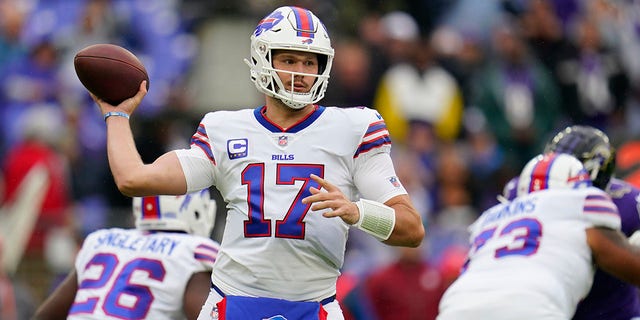 Buffalo Bills quarterback Josh Allen, #17, passes against the Baltimore Ravens in the first half of an NFL football game Sunday, Oct. 2, 2022, in Baltimore. 