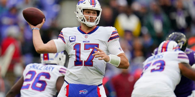 Buffalo Bills quarterback Josh Allen (17) passes against the Baltimore Ravens in the first half of a game Oct. 2, 2022, in Baltimore. 