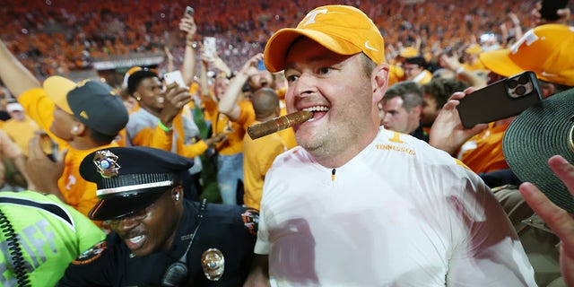 Head coach Josh Heupel of the Tennessee Volunteers celebrates a win over the Alabama Crimson Tide at Neyland Stadium on Oct. 15, 2022, in Knoxville.