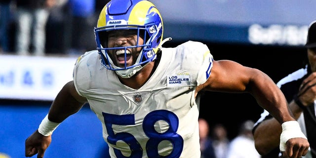 Linebacker Justin Hollins #58 of the Los Angeles Rams reacts after sacking quarterback Marcus Mariota (not pictured) of the Atlanta Falcons in the second half of a NFL football game at SoFi Stadium in Inglewood on Sunday, September 18, 2022.