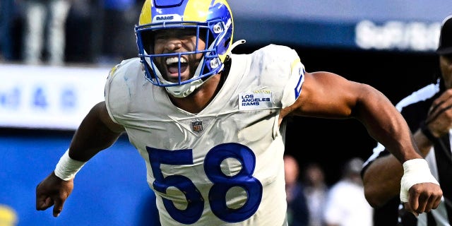 Linebacker Justin Hollins #58 of the Los Angeles Rams reacts after sacking quarterback Marcus Mariota (not pictured) of the Atlanta Falcons in the second half of a NFL football game at SoFi Stadium in Inglewood on Sunday, September 18, 2022.