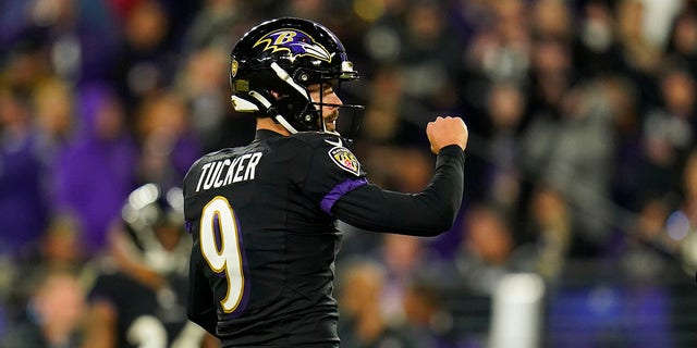 Baltimore Ravens' Justin Tucker celebrates kicking a field goal during the second half of an NFL football game against the Cincinnati Bengals, Sunday, Oct. 9, 2022, in Baltimore.