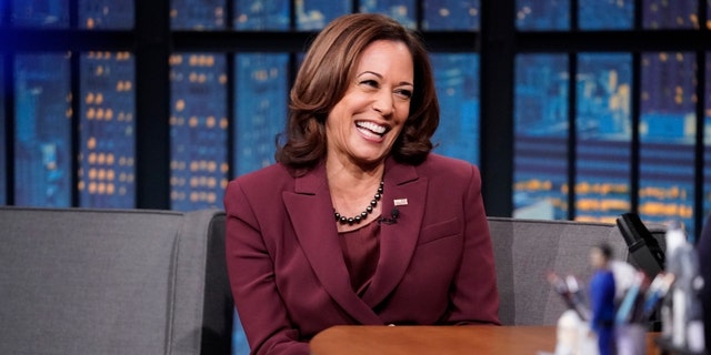 LATE NIGHT WITH SETH MEYERS -- Episode 1343 -- Pictured: (l-r) Vice President Kamala Harris during an interview with host Seth Meyers on October 10, 2022 -- (Photo by: Lloyd Bishop/NBC via Getty Images)
