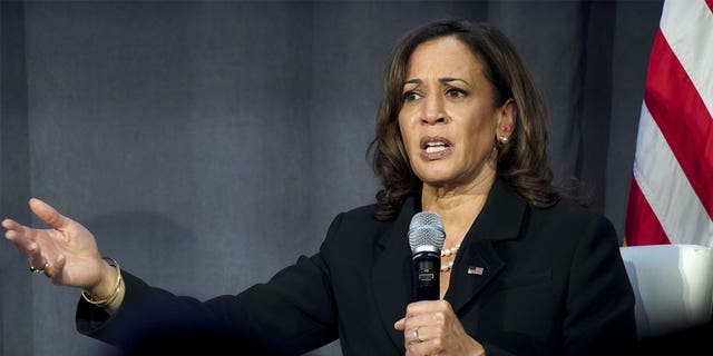 Kamala Harris dressed in all black holds mic during event