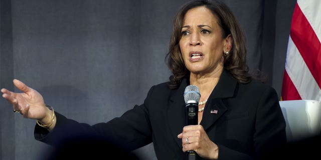 Kamala Harris dressed in all black holds mic during event