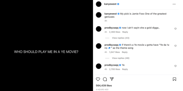 Kanye West asked who should play him in a movie, on Instagram.