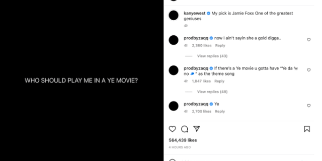 Kanye West asked who should play him in a movie, on Instagram.