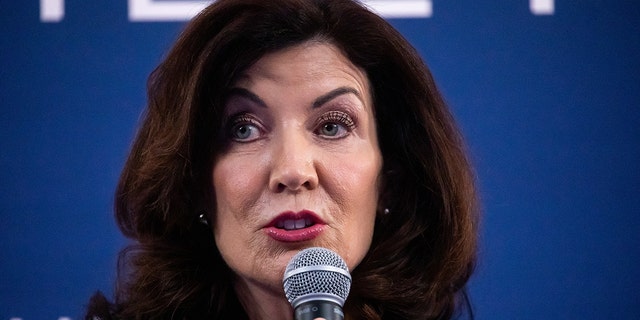 New York Governor Kathy Hochul speaks during the Clinton Global Initiative annual meeting in New York, Sept.  20, 2022. 