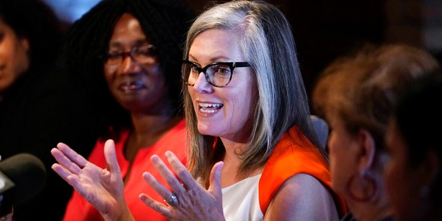 FILE: Arizona Secretary of State Katie Hobbs speaks at a roundtable event in Phoenix, Monday, Sept. 19, 2022.
