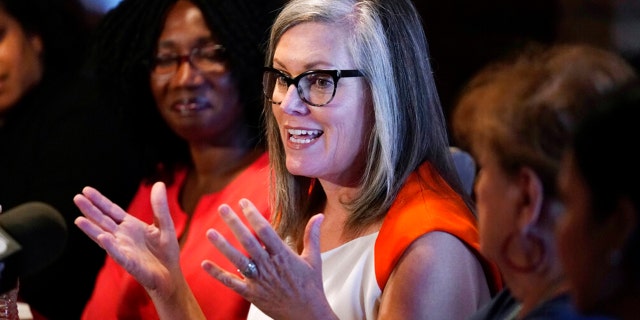 FILE: Arizona Secretary of State Katie Hobbs speaks at a roundtable event in Phoenix, Monday, Sept. 19, 2022.