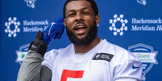 New York Giants linebacker Kayvon Thibodeaux, #5, speaks to the media during rookie camp at Quest Diagnostics Training Center in East Rutherford, New Jersey, May 13, 2022.