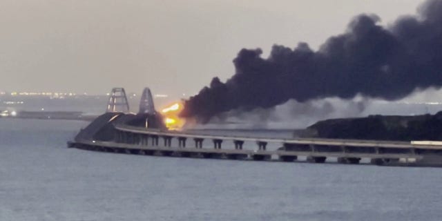 An explosion and a fire were reported in the middle of the Kerch Bridge on Oct. 8, 2022.