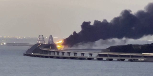 An explosion and a fire were reported in the middle of the Kerch Bridge on Oct. 8, 2022.