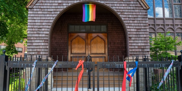 Lake View Presbyterian Church hangs a pride flag in support of Gay Pride Week on June 23, 2020, in Chicago.