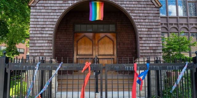 LGBT flag outside Presbyterian church