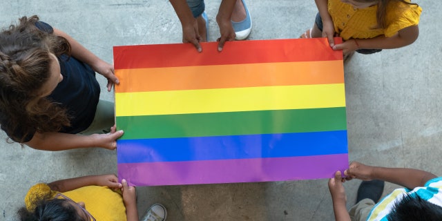 Elementary school students with Gay Pride flag