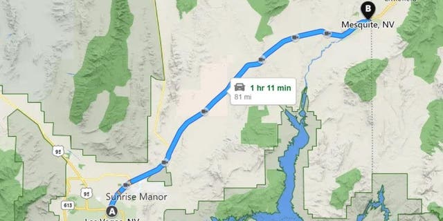 A Google Maps image shows the route from Las Vegas to Mesquite, Nev.