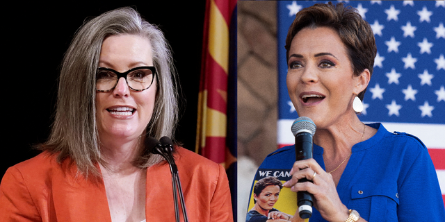 Arizona gubernatorial candidates Katie Hobbs (D), left, and Kari Lake (R), right.