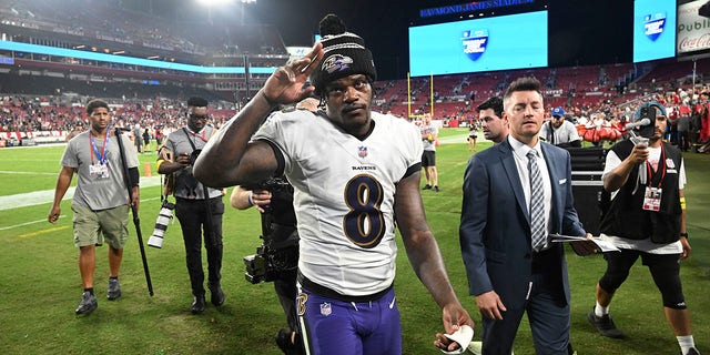Baltimore Ravens quarterback Lamar Jackson walks off the field following a game against the Tampa Bay Buccaneers Oct. 27, 2022, in Tampa, Fla. 