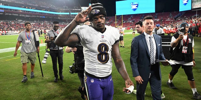 Baltimore Ravens quarterback Lamar Jackson walks off the field following an NFL football game against the Tampa Bay Buccaneers Thursday, Oct. 27, 2022, in Tampa, Fla.