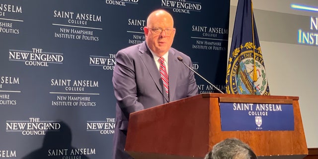 Republican Gov.  Larry Hogan of Maryland addresses the audience at "Politics and Eggs," on Oct. 6, 2022 in Goffstown, New Hampshire.  The speaking series at the New Hampshire Institute of Politics is a must stop for current or potential presidential contenders