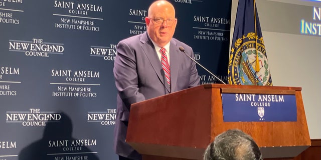 Republican Gov. Larry Hogan of Maryland addresses the audience at "Politics and Eggs," on Oct. 6, 2022 in Goffstown, New Hampshire. The speaking series at the New Hampshire Institute of Politics is a must stop for actual or potential presidential contenders