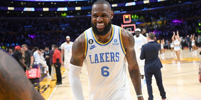 Los Angeles Lakers forward LeBron James leaves the floor after the Lakers beat the Denver Nuggets 121-110 during an NBA basketball game Sunday, Oct. 30, 2022, in Los Angeles.