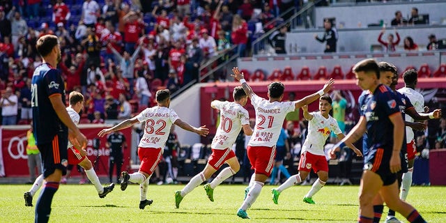 New York Red Bulls midfielder Lewis Morgan (10), center, celebrates with teammates after scoring a goal against the FC Cincinnati during the second half of an MLS soccer playoff match, Saturday, Oct. 15, 2022, in Harrison, N.J. 